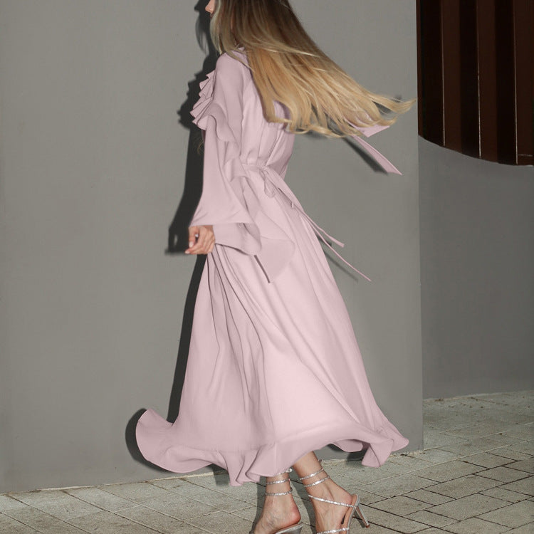 Spring Summer Ruffled Tied Long Sleeve Dress Women Elegant High Grade Pink Dress