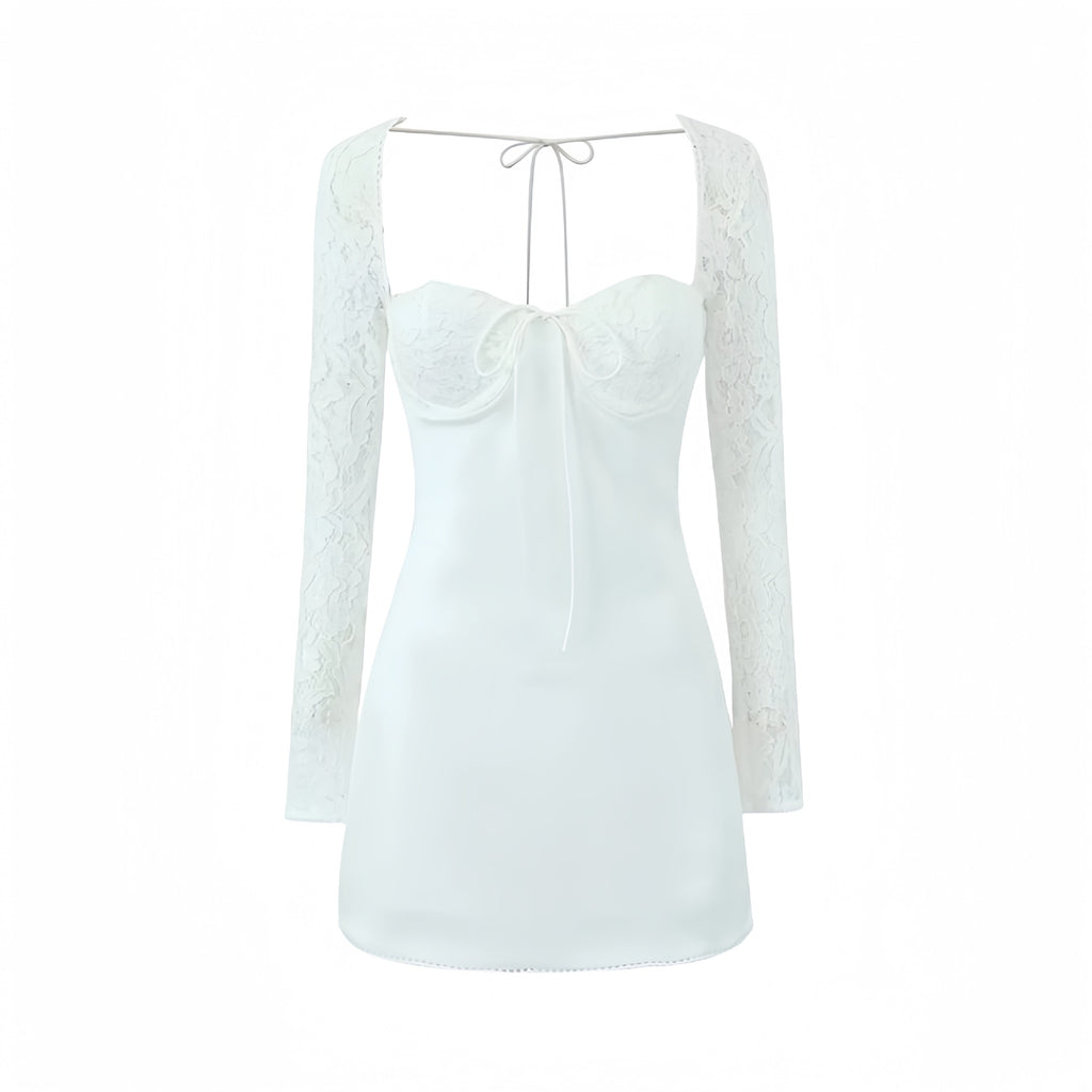 Sexy Low Cut Lace Stitching Long Sleeve Hollow Out Cutout Dress Woman Square Neck Steel Bracket Slim Fit Pleated Lace up Dress