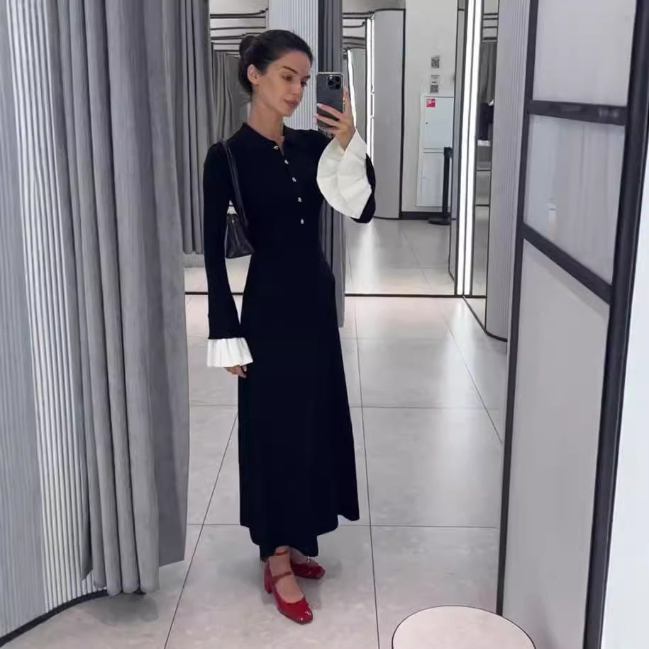 Dehaired Angora Covering Yarn Slimming Patchwork Long Sleeved Knitted Maxi Dress Casual Waist Tight Maxi Dress for Women