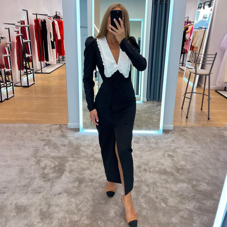 Autumn Winter Women Clothing Trend Black White Contrast Color Split Maxi Dress Doll Collar Long Sleeve French Dress