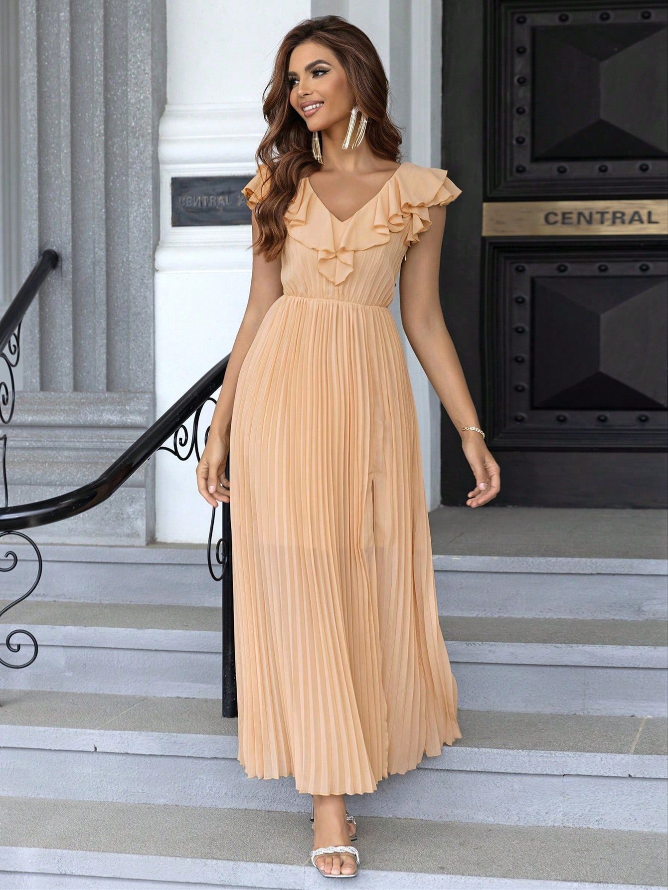 Summer Fashionable Frayed Hem Split Thigh Pleated Hem Dress