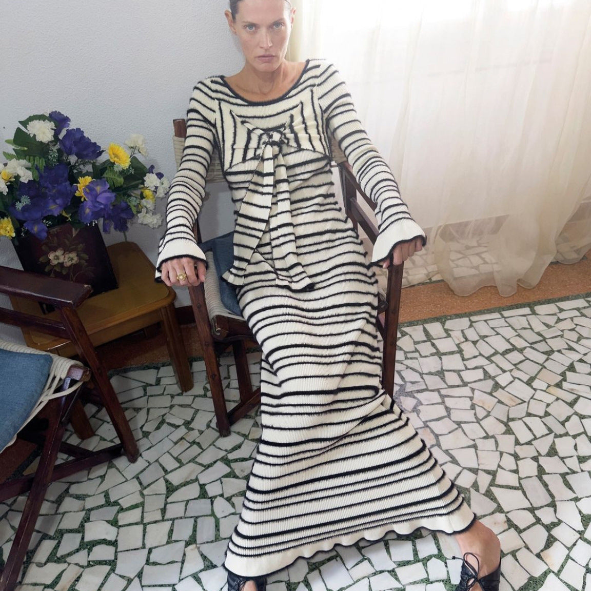 Autumn Winter Striped Round Neck Contrast Color Bell Sleeve Lace Up Decorative Sheath Dress