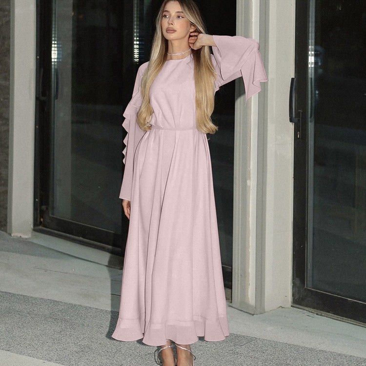 Spring Summer Ruffled Tied Long Sleeve Dress Women Elegant High Grade Pink Dress