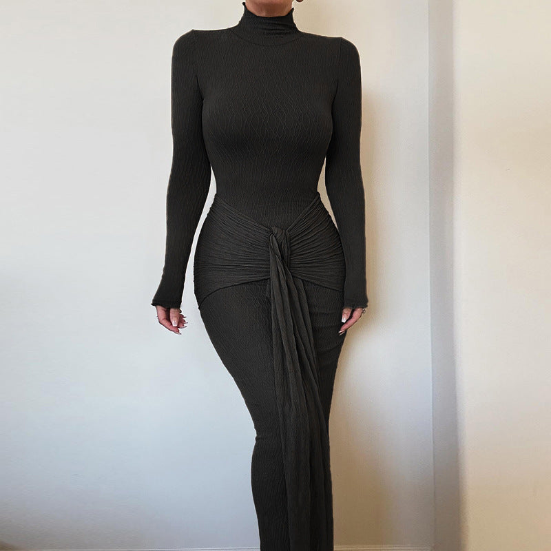 Autumn Commuting Elegant Slim Fit Micro Transparent Honeydew Pattern Knitted Dress