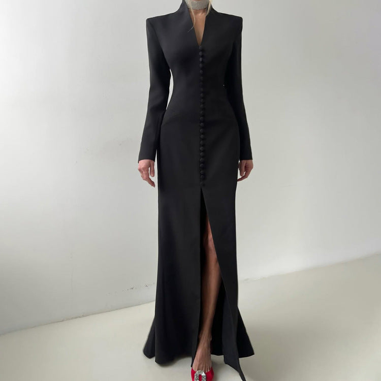 V neck Long Sleeve High Waist Split French Dress Women Party Long Dress