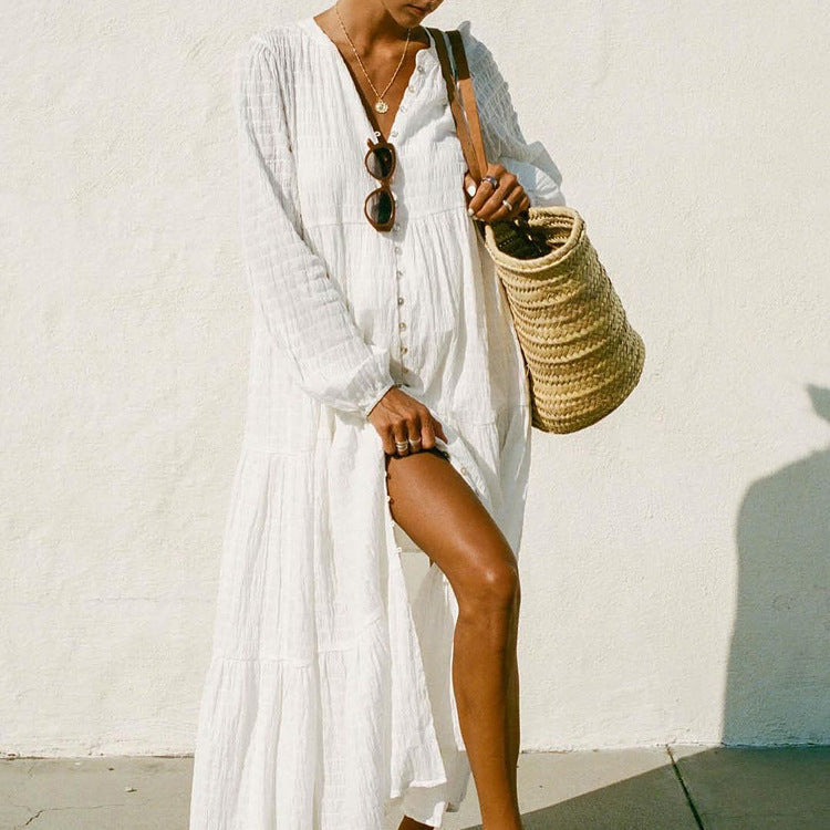 French Cotton Pleated Casual Dress round Neck Long Sleeve Cardigan White Maxi Dress Russian Women Clothing
