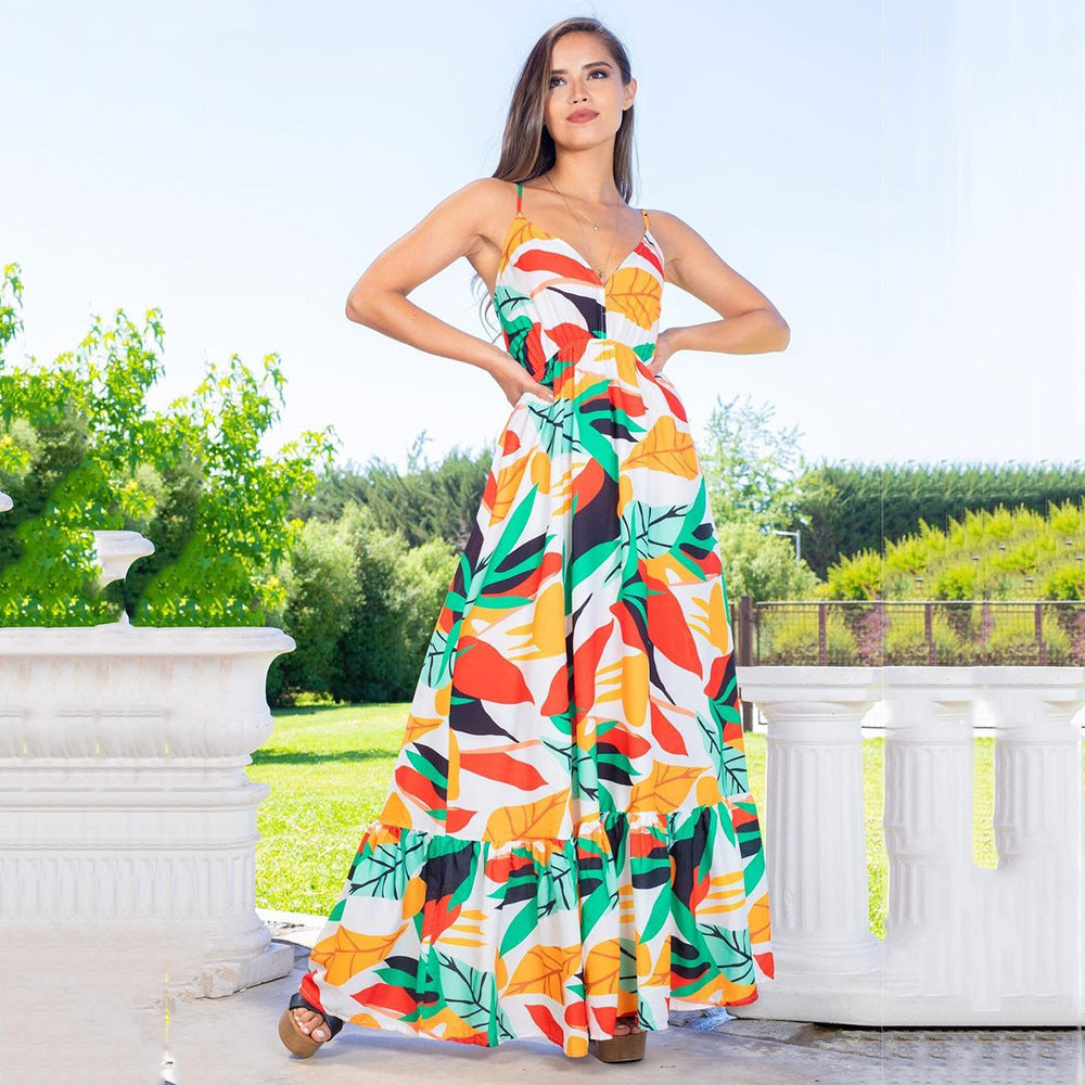Summer Women Clothing Backless Dress Slimming Waist Slimming Maxi Dress Split Suspender Dress