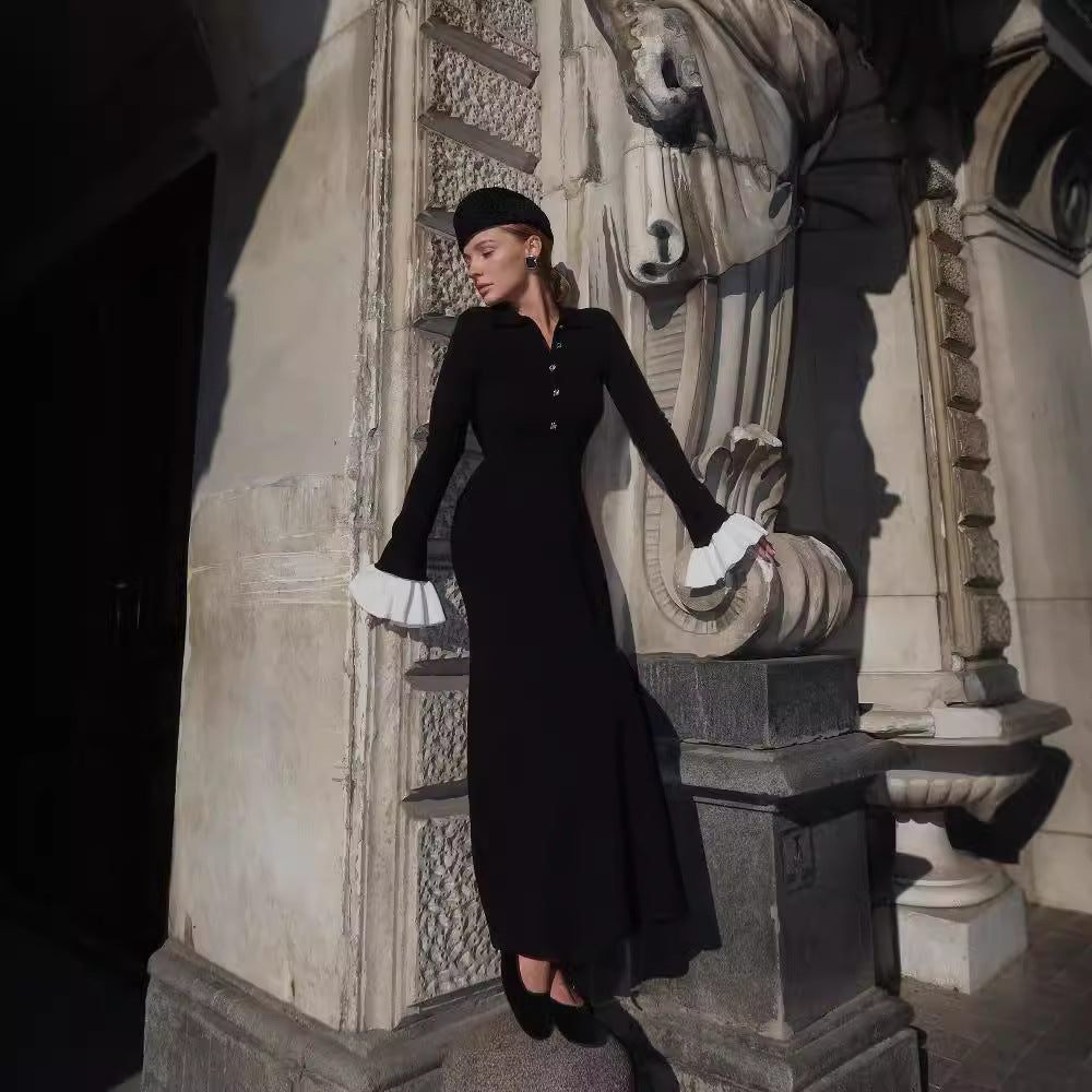 Dehaired Angora Covering Yarn Slimming Patchwork Long Sleeved Knitted Maxi Dress Casual Waist Tight Maxi Dress for Women