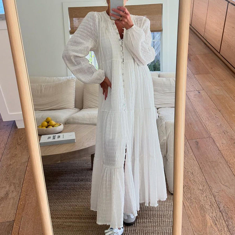 French Cotton Pleated Casual Dress round Neck Long Sleeve Cardigan White Maxi Dress Russian Women Clothing