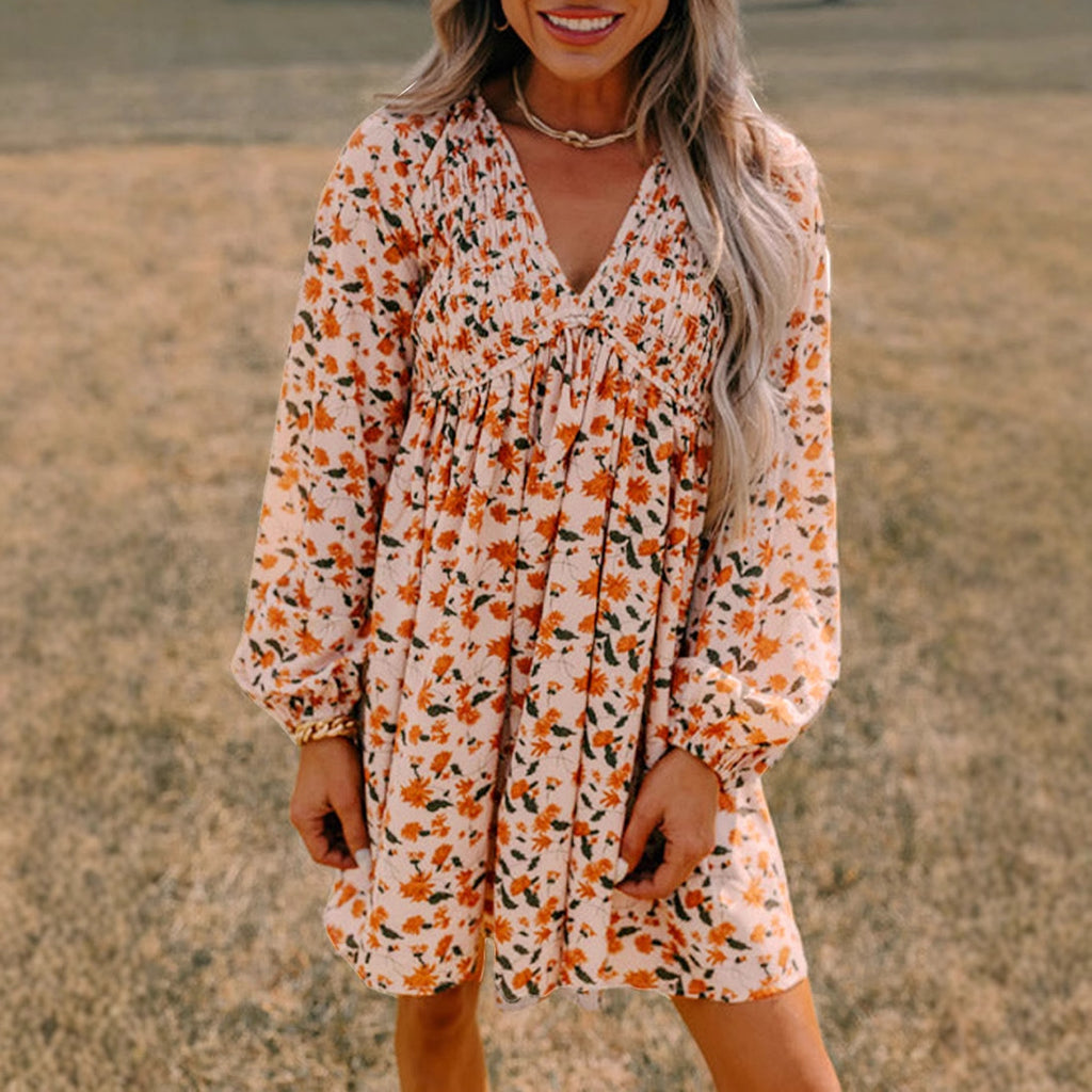 Autumn Pullover V neck Short Skirt Women All Match Floral Print Dress Women