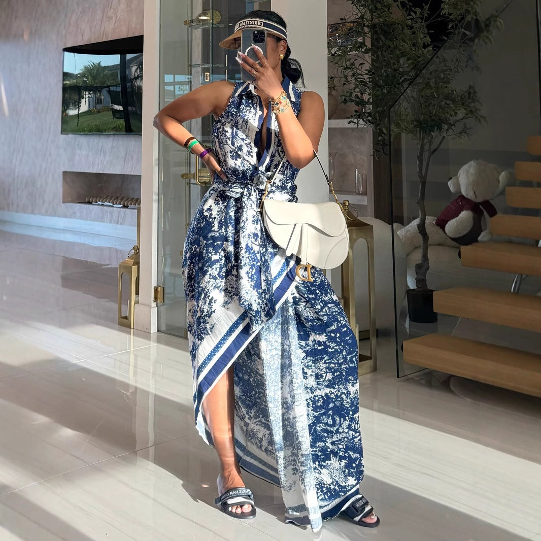 Women Printed Maxi Dress Sexy High Split Elegant Bohemian Dress Containing Belt