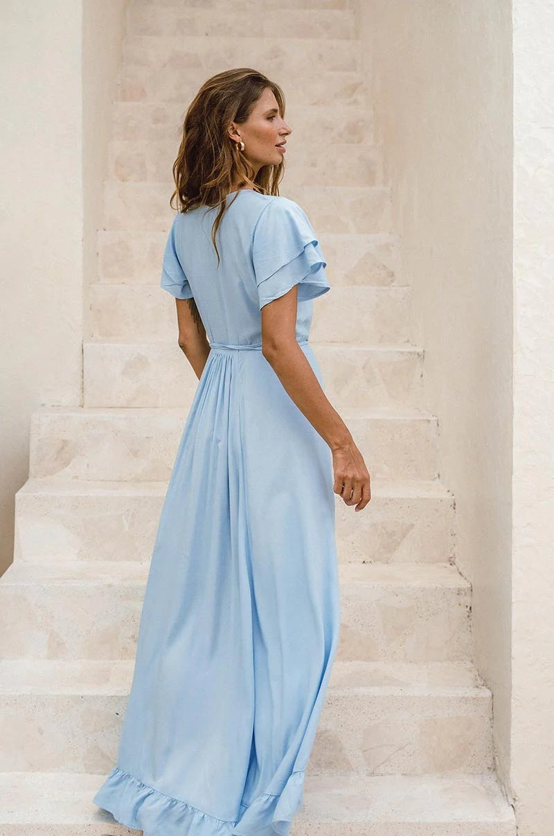 Spring Summer Women Clothing V Neck Short Sleeve Dress Split Dress