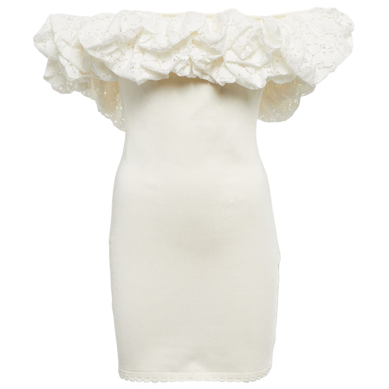 Off Shoulder Lace Ruffled Mini Dress Tube Top Sexy Women Dress