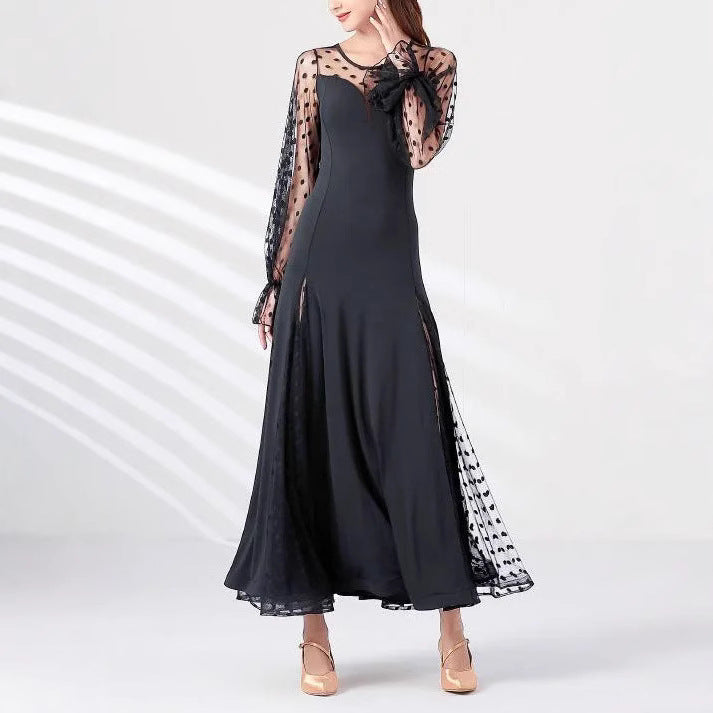 Elegant Women Polka Dot Lace Stitching Long Sleeve Dress Lantern Sleeve Polka Dot Stitching Split Dress