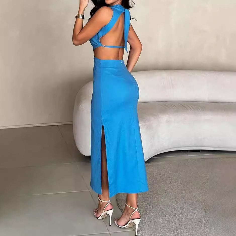 Ladies Elegant Summer Sleeveless Hollow Out Cutout out Solid Color Tied Dress