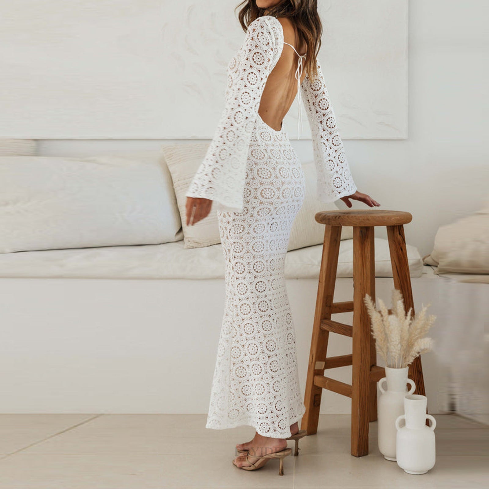 Vacation Dress Summer Sexy Hollow Out Cutout Crochet Knitted Long Sleeve Backless Slim Fit Elegant Dress