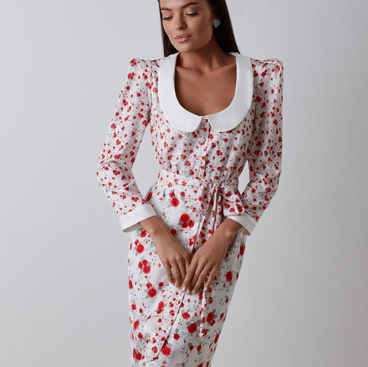 Women Clothing Elegant Printed Dress Three Quarter Sleeve Collared Split Waist Fitted Dress