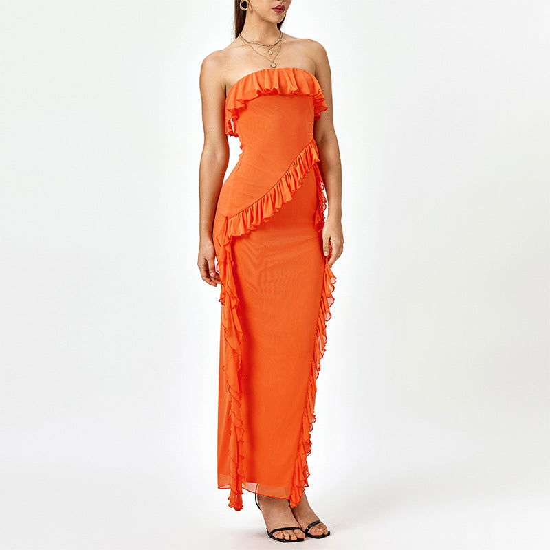Strapless Dress Sexy Ruffled Split Backless Long Tube Top Dress