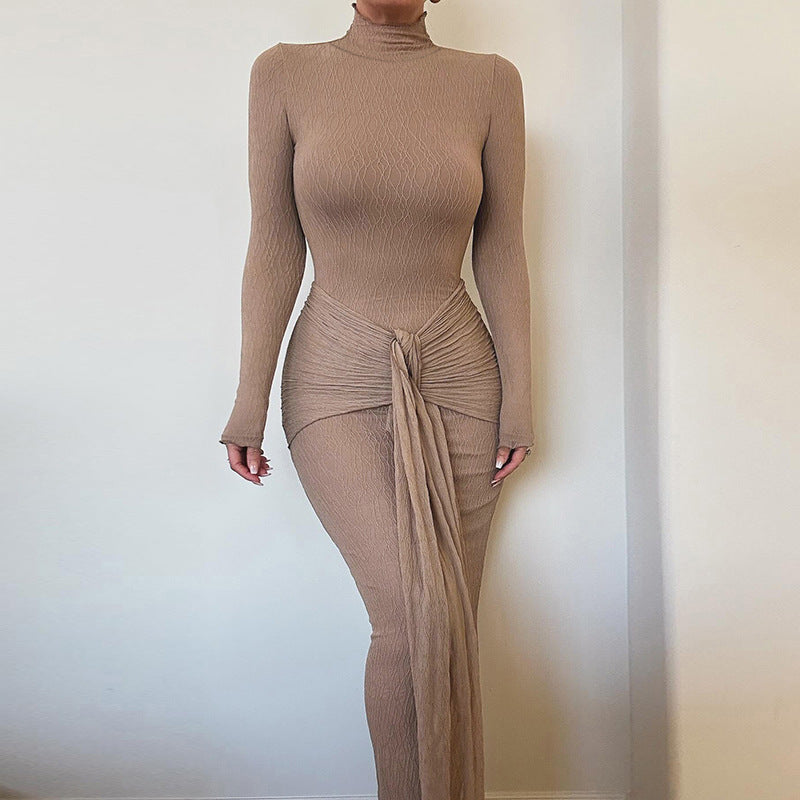Autumn Commuting Elegant Slim Fit Micro Transparent Honeydew Pattern Knitted Dress