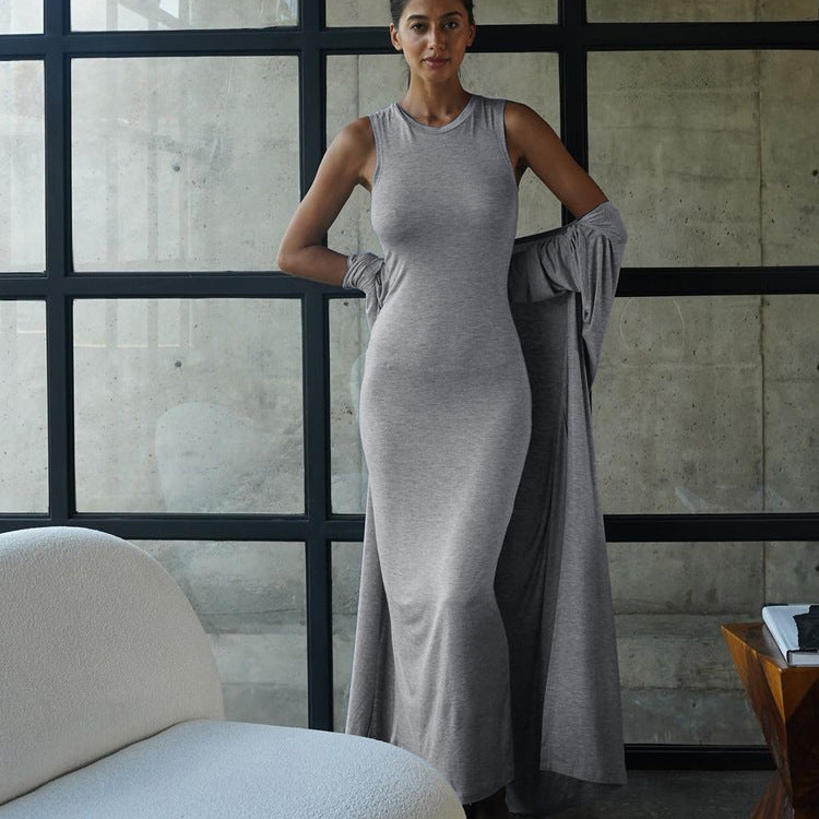 Arrival Solid Color round Neck Sleeveless Vest Set Sheath Maxi Dress Long Cardigan Casual TwoPiece Set