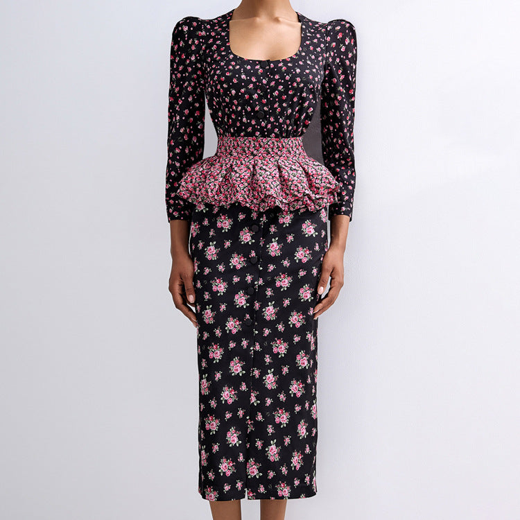 Digital Printing French Dress Women Square Collar 3/4 Sleeve Design Ruffled Waist Seal Floral Dress