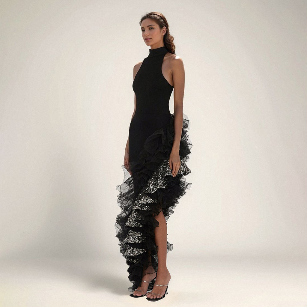Ruffled Black Mesh Asymmetric Dress Long Party Sexy Cocktail Bandage Dress for Women
