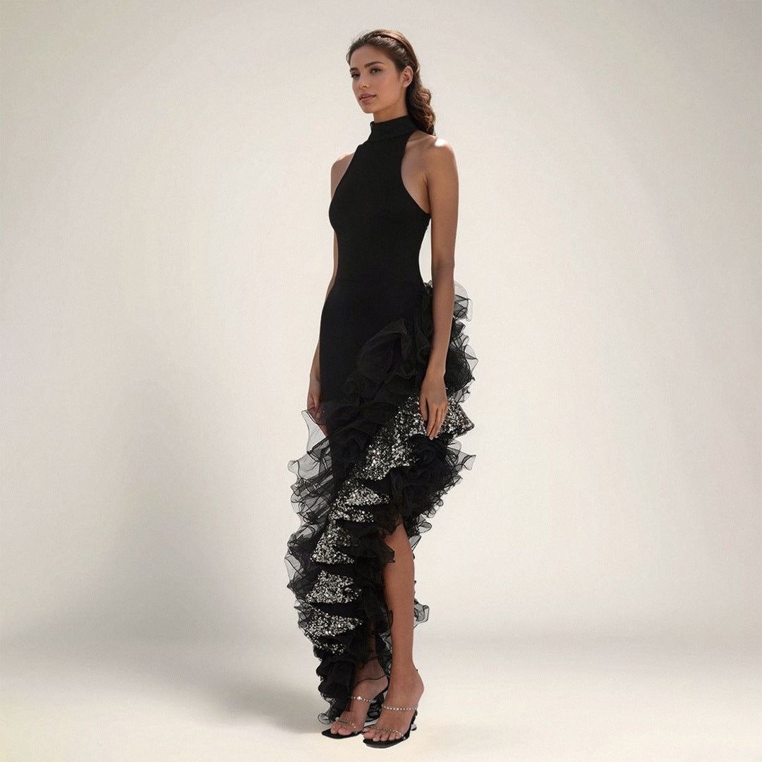 Ruffled Black Mesh Asymmetric Dress Long Party Sexy Cocktail Bandage Dress for Women