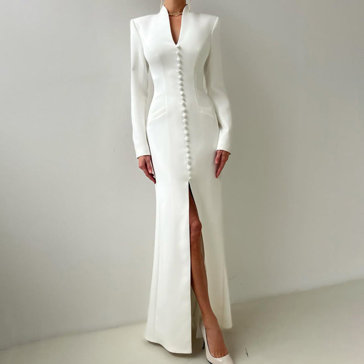 V neck Long Sleeve High Waist Split French Dress Women Party Long Dress