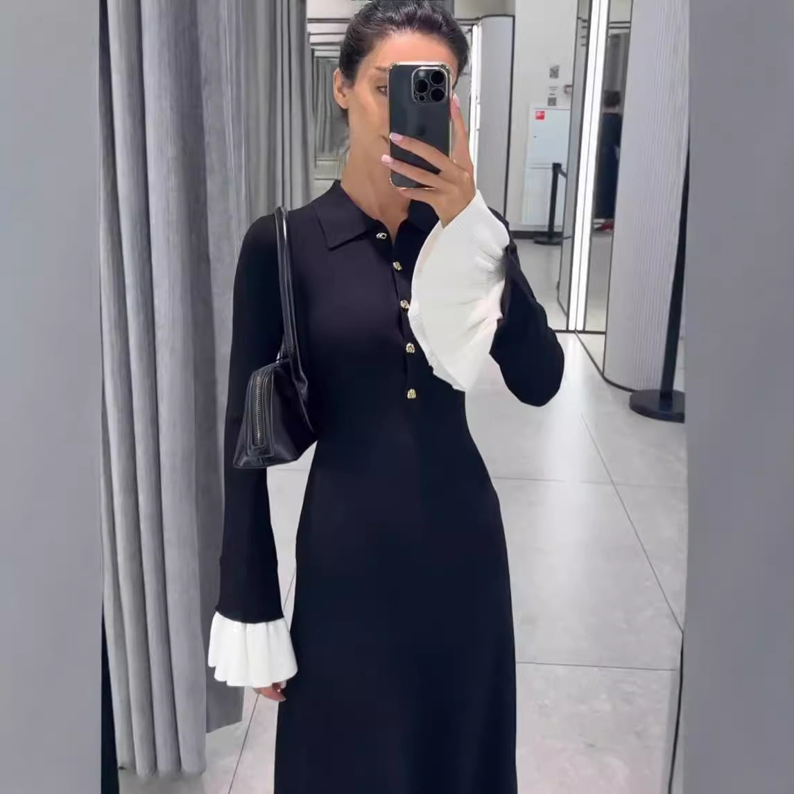 Dehaired Angora Covering Yarn Slimming Patchwork Long Sleeved Knitted Maxi Dress Casual Waist Tight Maxi Dress for Women