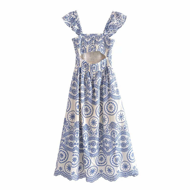 Women Hollow Out Cutout Embroidered Strap Dress