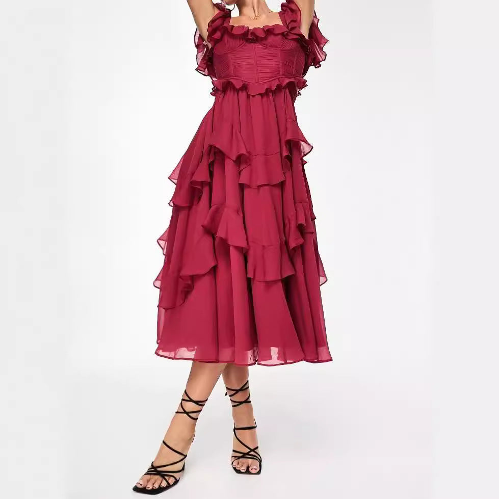 Dress Holiday Dress Lace Backless Hollow Out Cutout out Tiered Dress Ruffled Pleated Dress