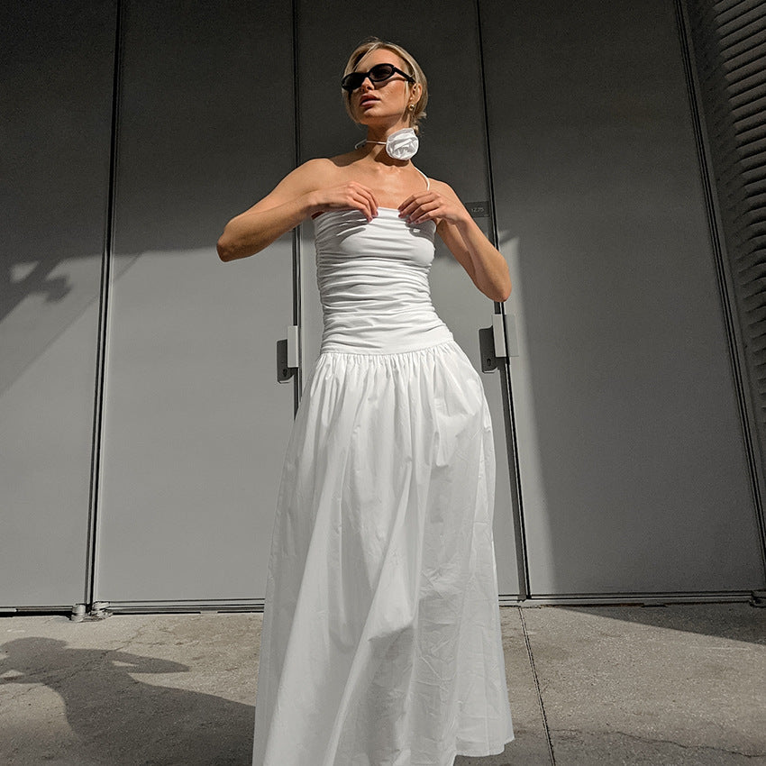 Autumn White Elegant off the Shoulder Strap Slim Tube Top Low Waist Slimming Dress Floral Dress
