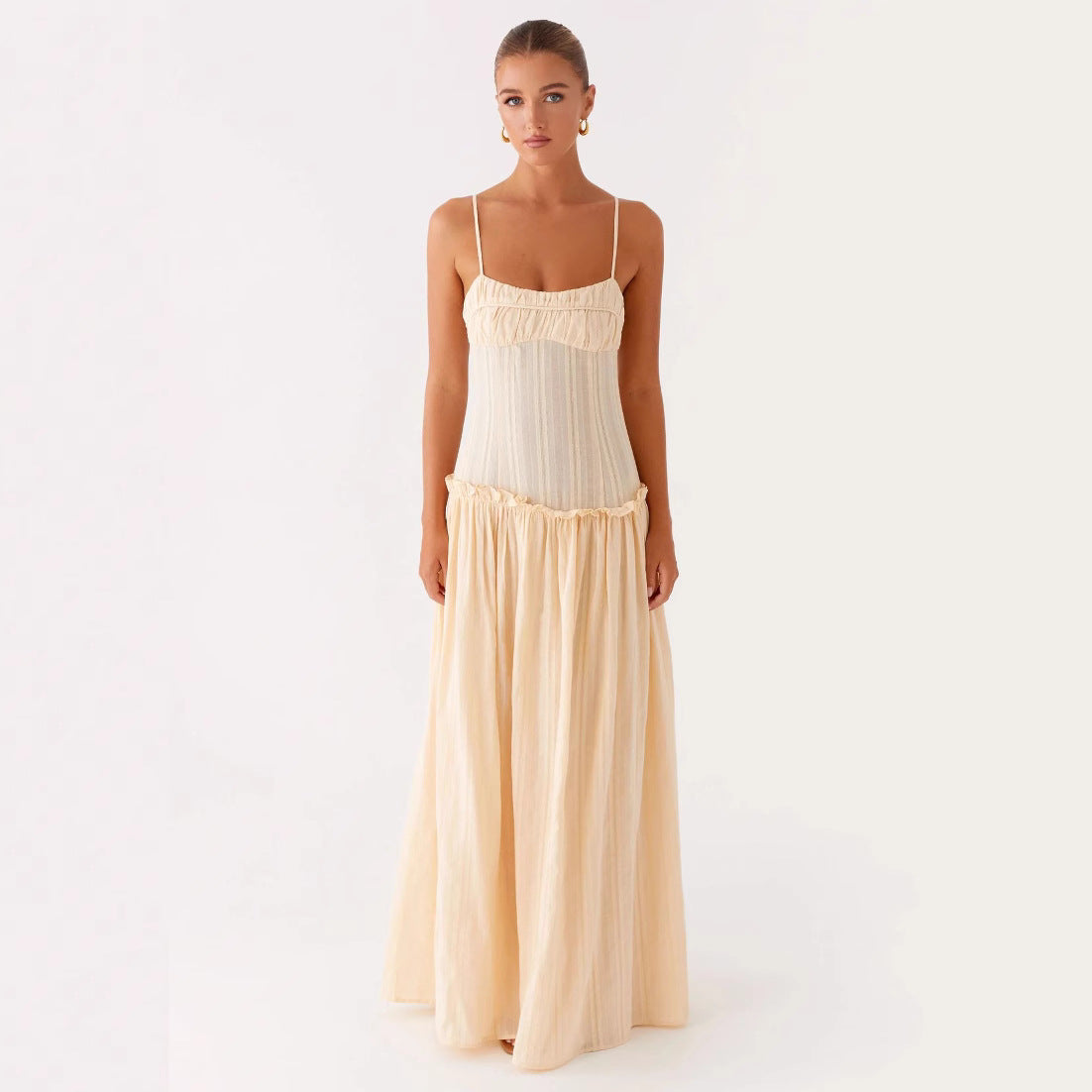 Summer Women Clothing Pleating Ruffled Spaghetti Straps Graceful Fashionable Maxi Dress