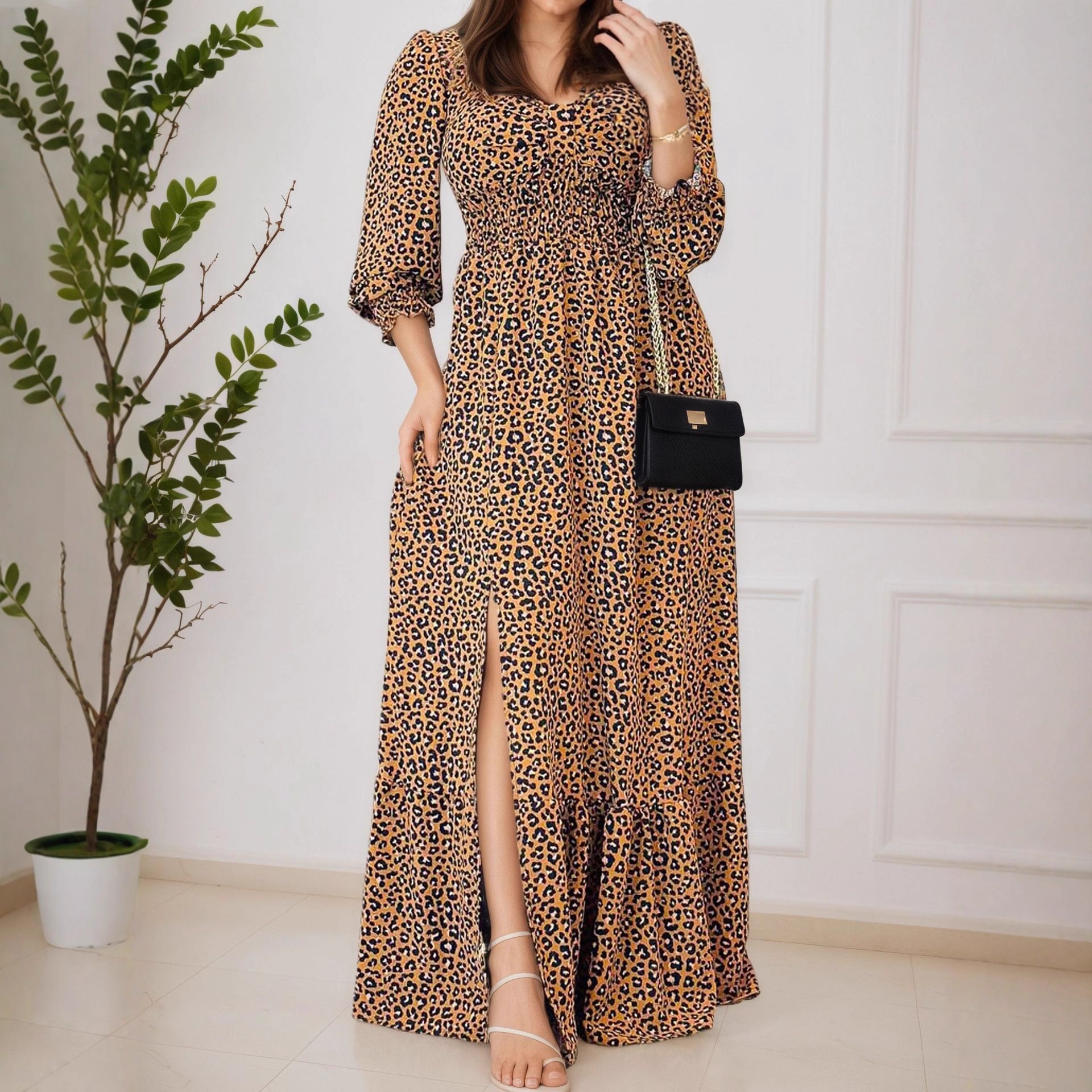 Women Leopard Print Split Print Long Sleeve V neck Casual Holiday Dress