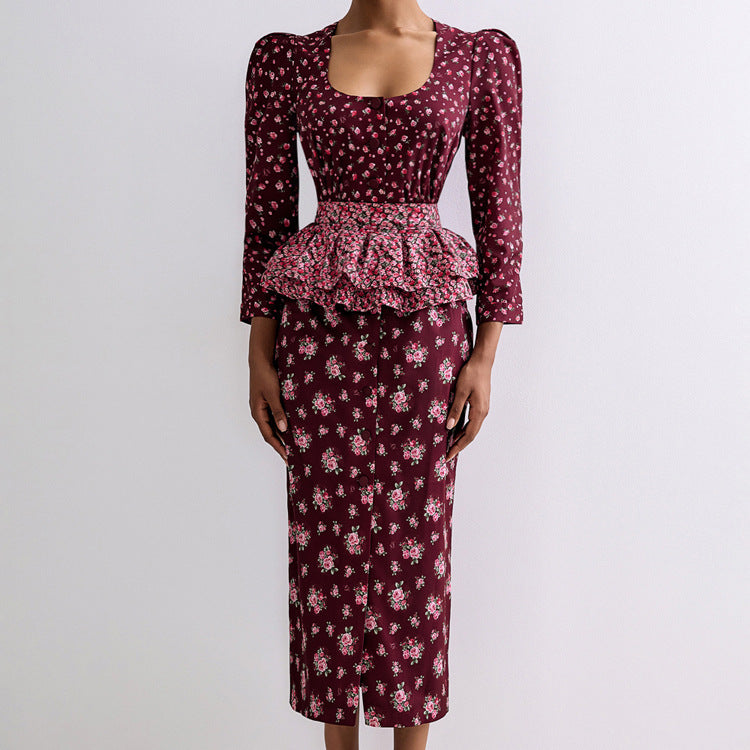 Digital Printing French Dress Women Square Collar 3/4 Sleeve Design Ruffled Waist Seal Floral Dress