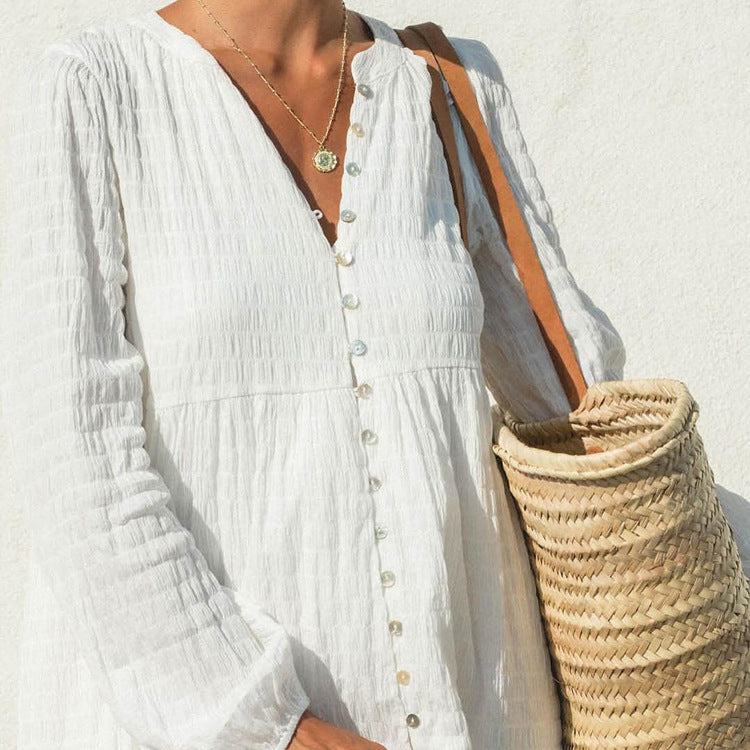 French Cotton Pleated Casual Dress round Neck Long Sleeve Cardigan White Maxi Dress Russian Women Clothing