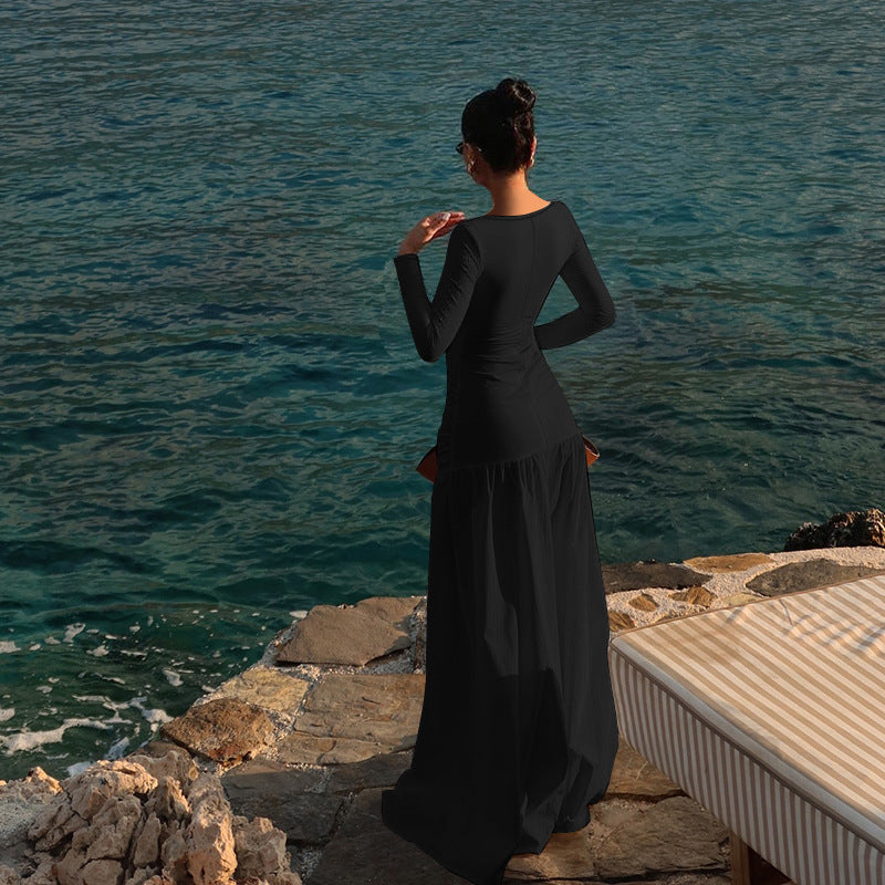 Long Sleeve Hollow Out Cutout A line Dress Autumn Winter Women Clothing Beach Dress