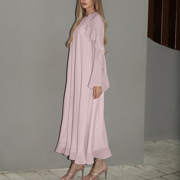Spring Summer Ruffled Tied Long Sleeve Dress Women Elegant High Grade Pink Dress