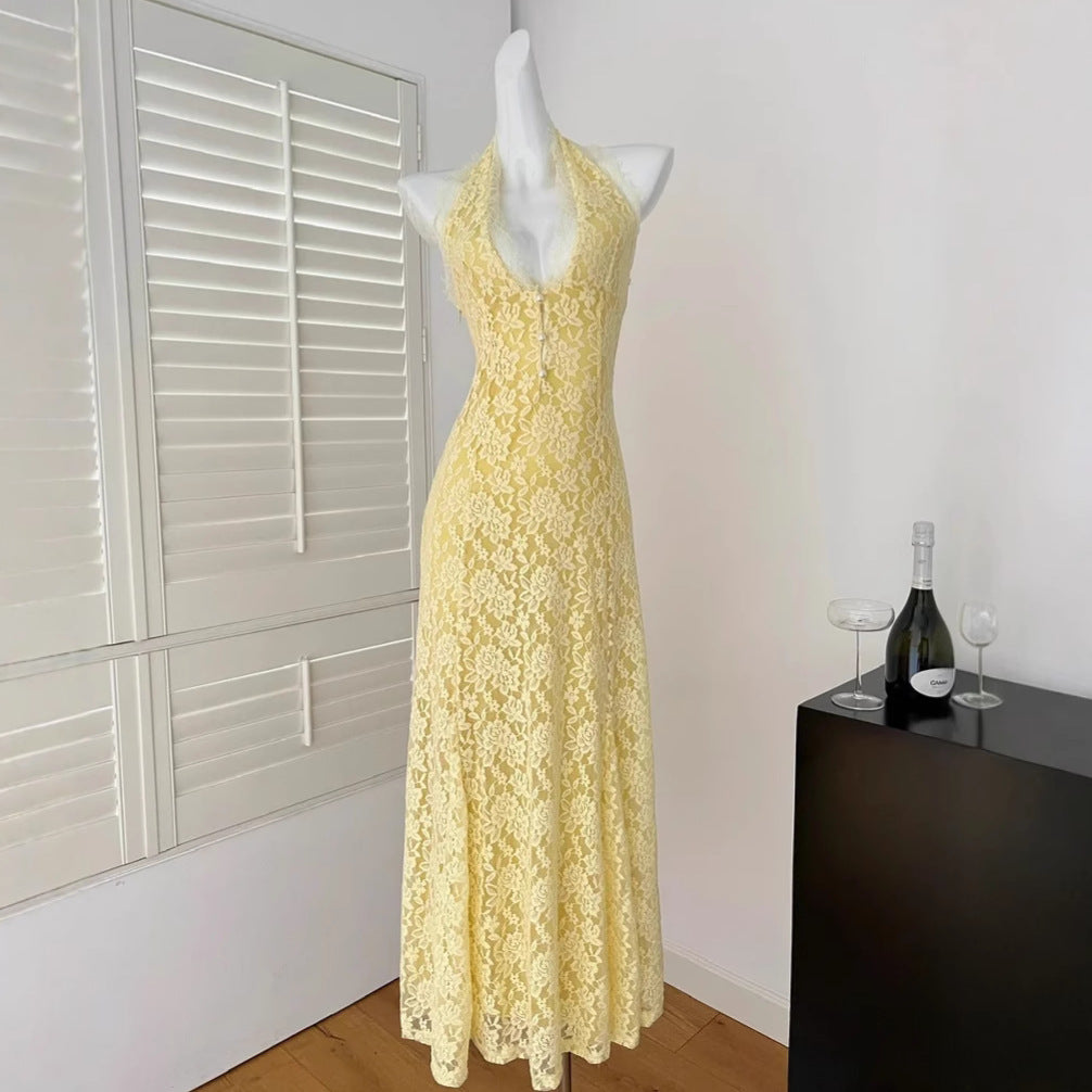 High Grade French V neck Lace Halter Dress Women Spring Summer Maxi Dress Beautiful Backless Hip