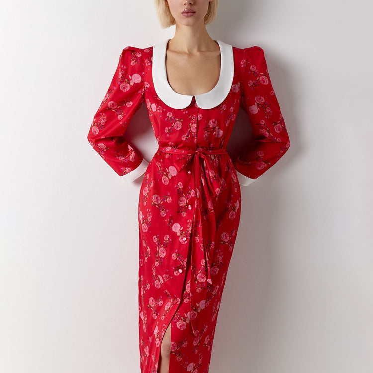 Women Clothing Elegant Printed Dress Three Quarter Sleeve Collared Split Waist Fitted Dress