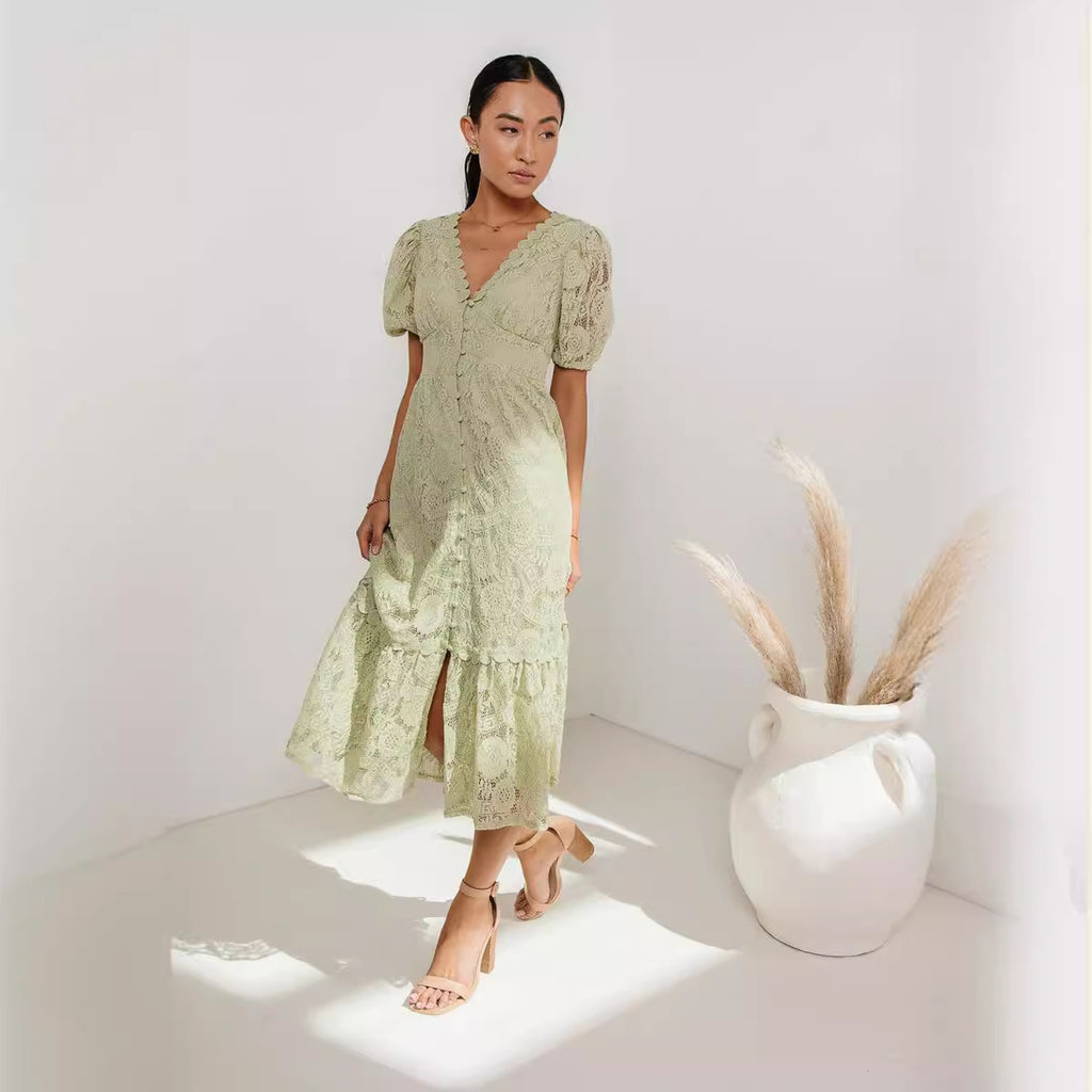 Lace Dress V neck Short Sleeve Hollow Out Cutout Single Breasted Waist V neck Dress