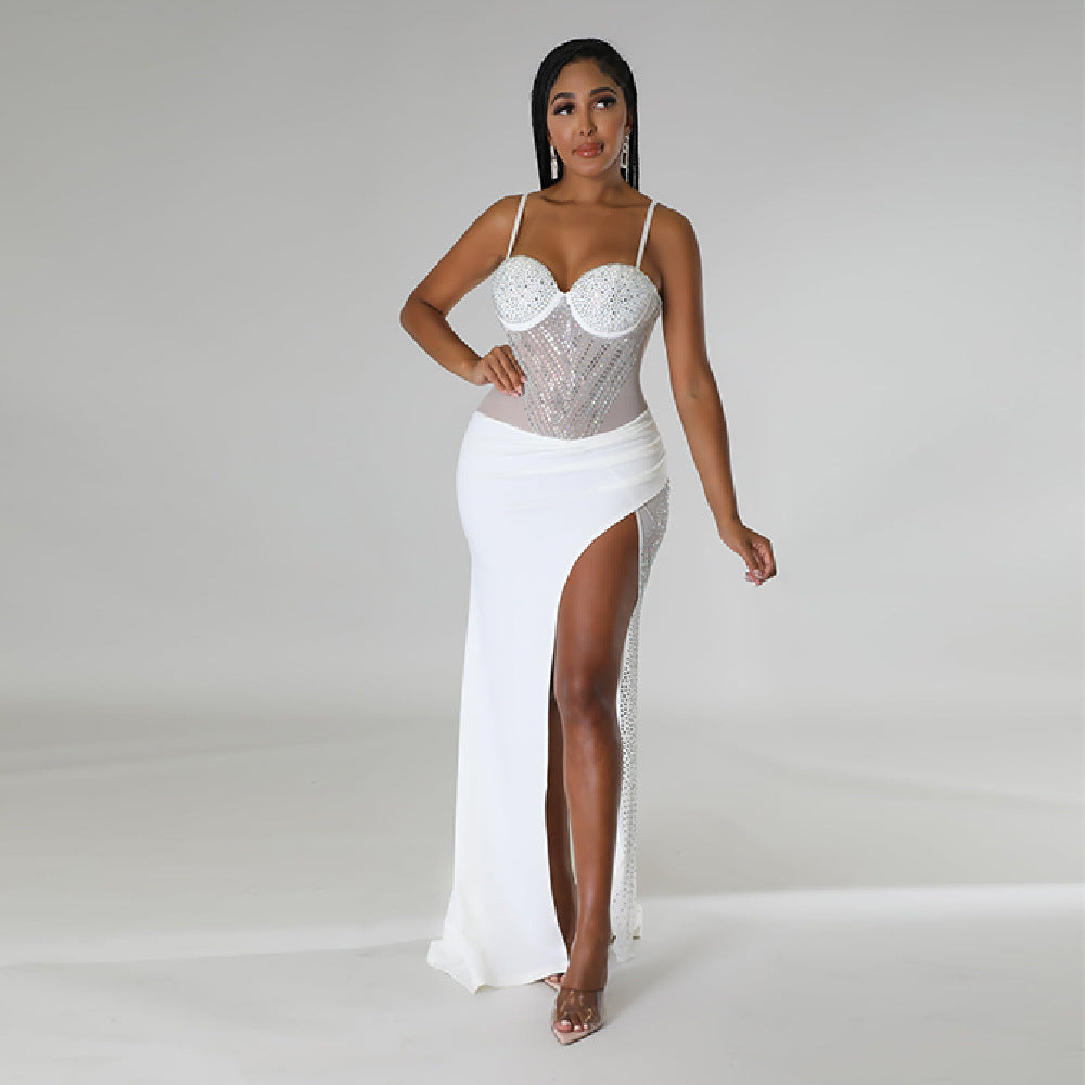 Autumn Sheath Dress Strap Tube Top High Slit Rhinestone Sexy Nightclub Dress