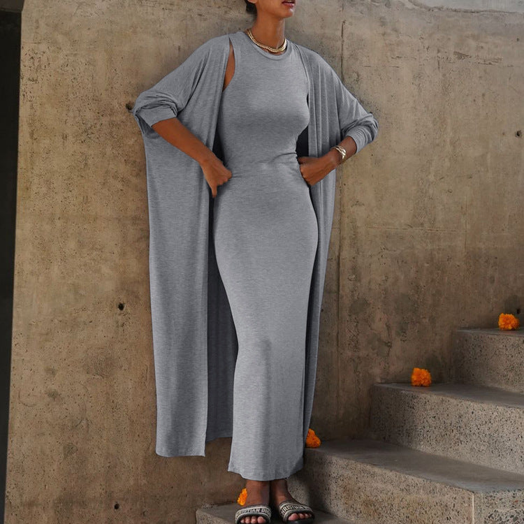 Arrival Solid Color round Neck Sleeveless Vest Set Sheath Maxi Dress Long Cardigan Casual TwoPiece Set