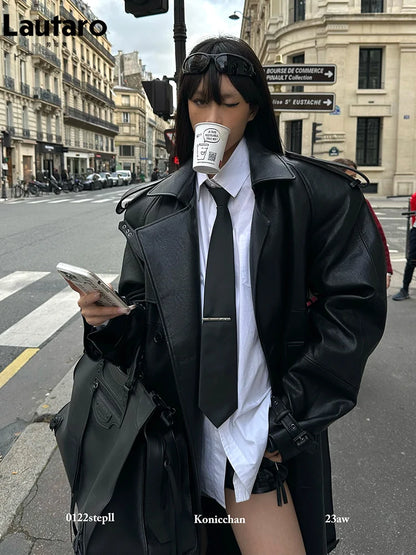 Lautaro Frühling Herbst Extra Langer Schwarzer Trenchcoat Aus Pu-leder Für Damen Mit Hohem Schlitz Auf Der Rückseite Luxus Chic Europäische Mode 2024