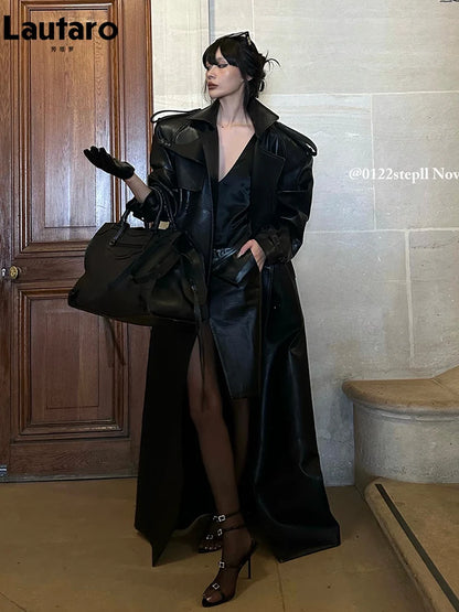 Lautaro Frühling Herbst Extra Langer Schwarzer Trenchcoat Aus Pu-leder Für Damen Mit Hohem Schlitz Auf Der Rückseite Luxus Chic Europäische Mode 2024