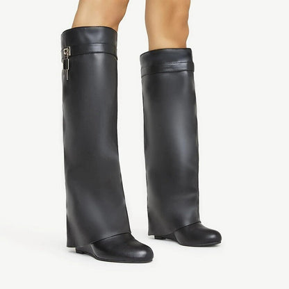 Botas altas de cuña de metal para mujer, talla grande, por debajo de la rodilla