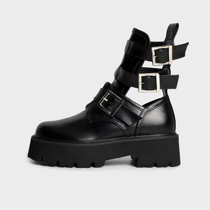 Tragen Sie modische Damenstiefel mit rundem Kopf und dicker Sohle